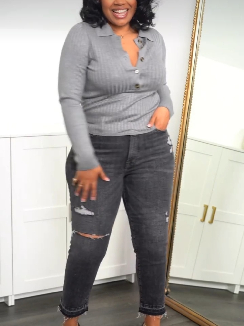 Worthington Ribbed V-Neck Button Pullover in Gray